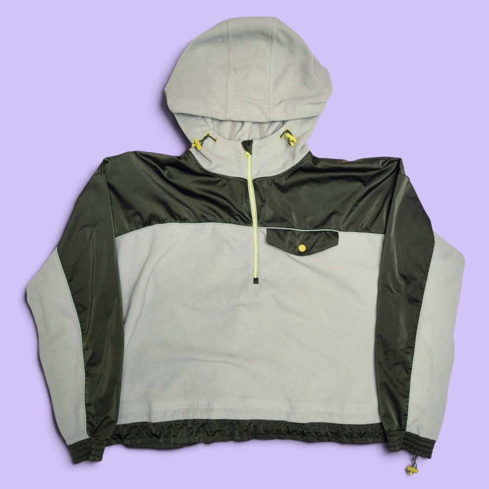 Athleta Polar‎ Fleece Hood Sweatshirt M Green Colorblock Utility Gorpcore Active